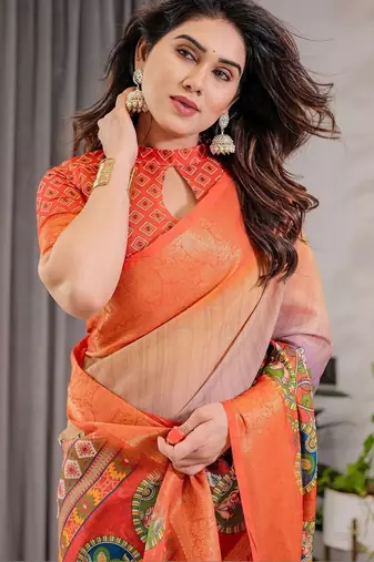 orange ethnic motifs printed cotton saree