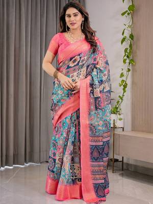 pink ethnic motifs printed pure cotton saree with blouse piece 1
