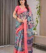 pink ethnic motifs printed pure cotton saree with blouse piece