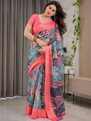 pink ethnic motifs printed pure cotton saree with blouse piece 2