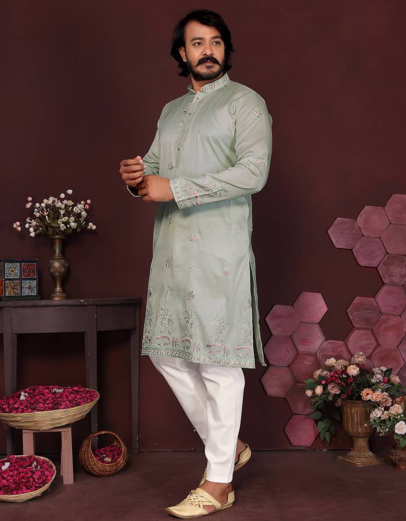 Light sky blue premium smart silk embroidery sequence work premium designer kurta pajama