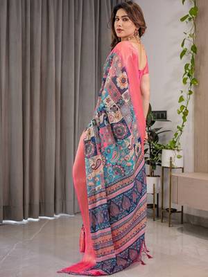 pink ethnic motifs printed pure cotton saree with blouse piece 3
