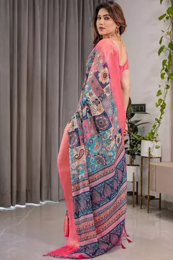 pink ethnic motifs printed pure cotton saree with blouse piece