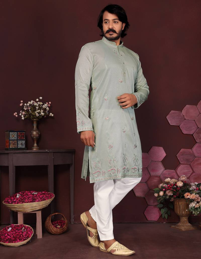 Light sky blue premium smart silk embroidery sequence work premium designer kurta pajama