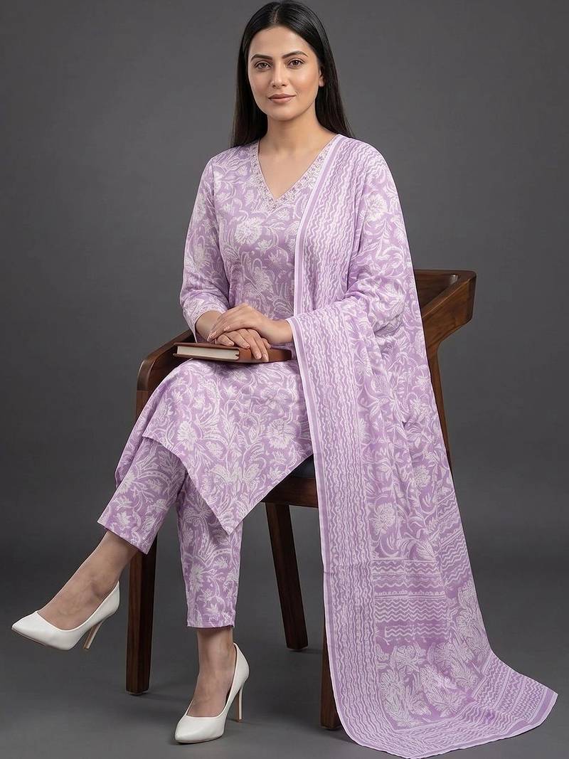 workwear women printed kurta with trousers with dupatta