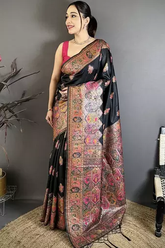 black black pashmina silk zari weaving saree matching blouse piece