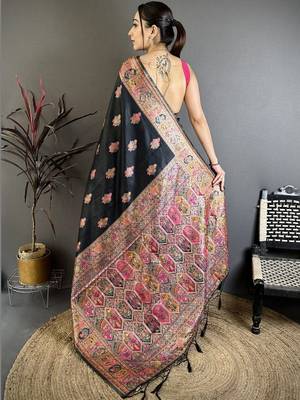 black black pashmina silk zari weaving saree matching blouse piece 2