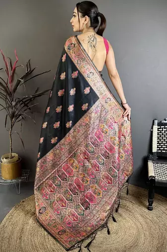 black black pashmina silk zari weaving saree matching blouse piece