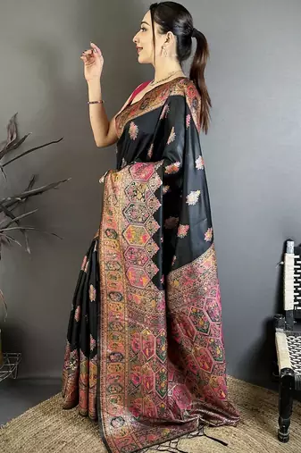 black black pashmina silk zari weaving saree matching blouse piece