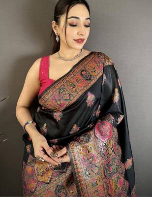 black black pashmina silk zari weaving saree matching blouse piece 5