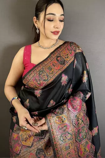 black black pashmina silk zari weaving saree matching blouse piece