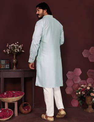 Teal premium smart silk embroidery sequence work premium designer only kurta 4