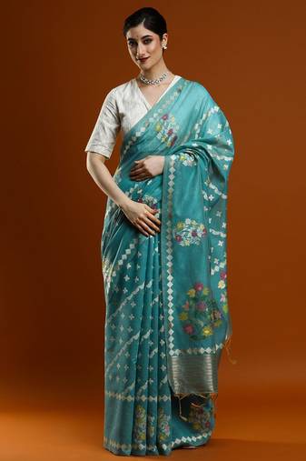 blue floral woven design zari banarasi saree