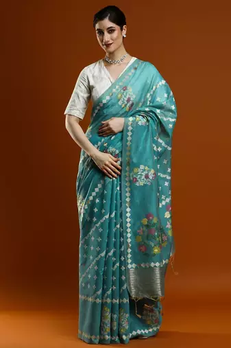 blue floral woven design zari banarasi saree