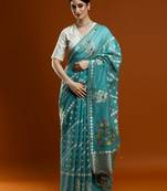 blue floral woven design zari banarasi saree