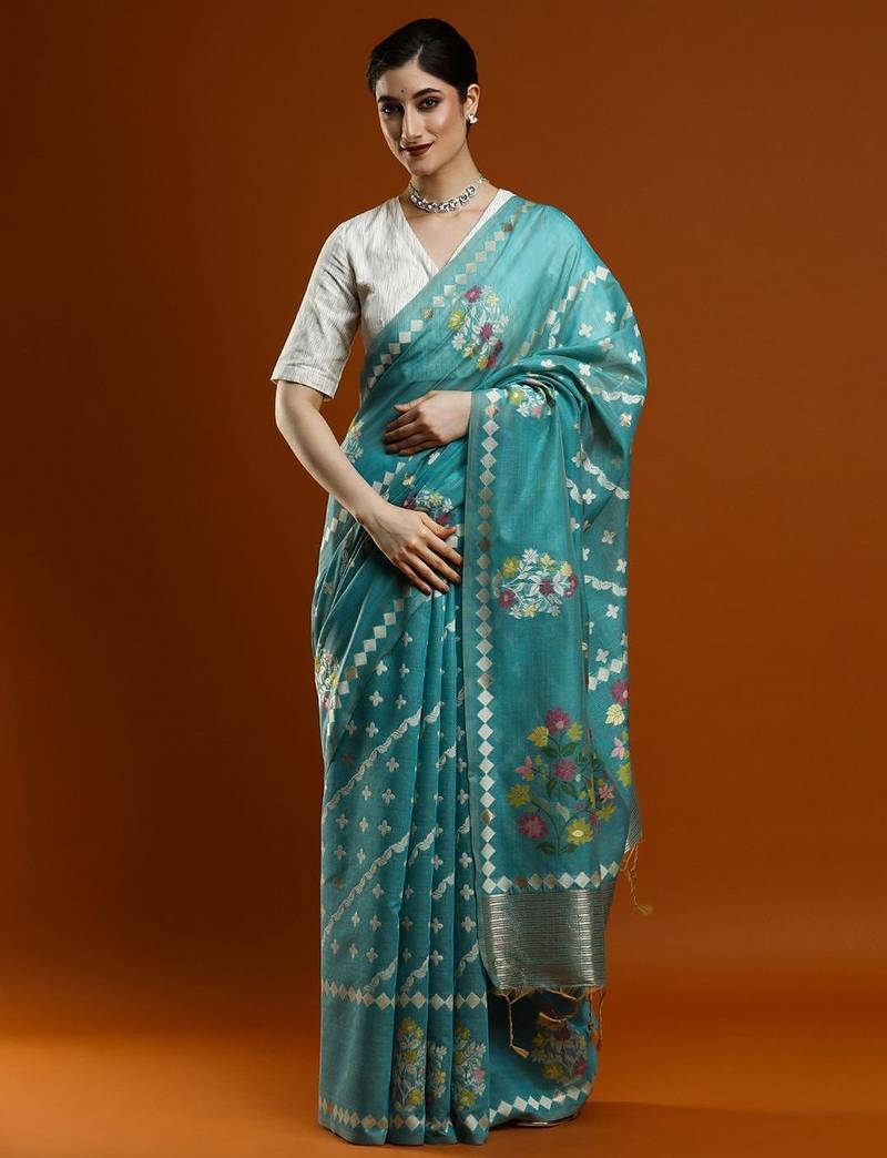 blue floral woven design zari banarasi saree