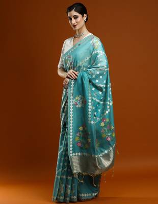 blue floral woven design zari banarasi saree 2