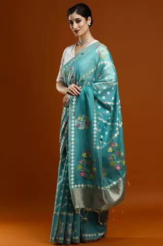 blue floral woven design zari banarasi saree