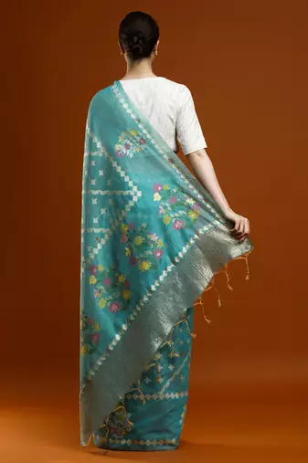 blue floral woven design zari banarasi saree