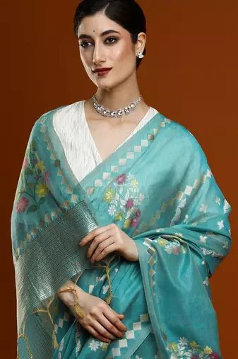 blue floral woven design zari banarasi saree