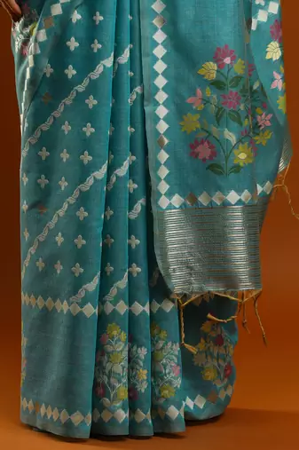 blue floral woven design zari banarasi saree