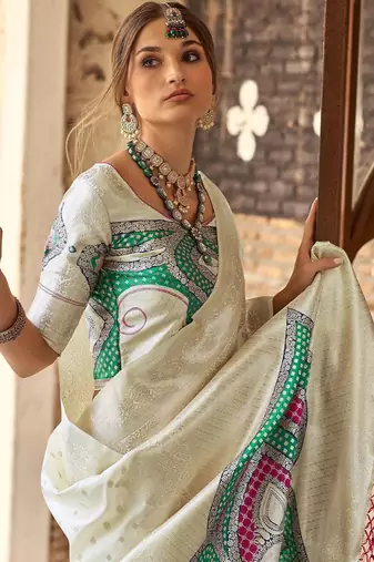 off_white woven design zari banarasi saree