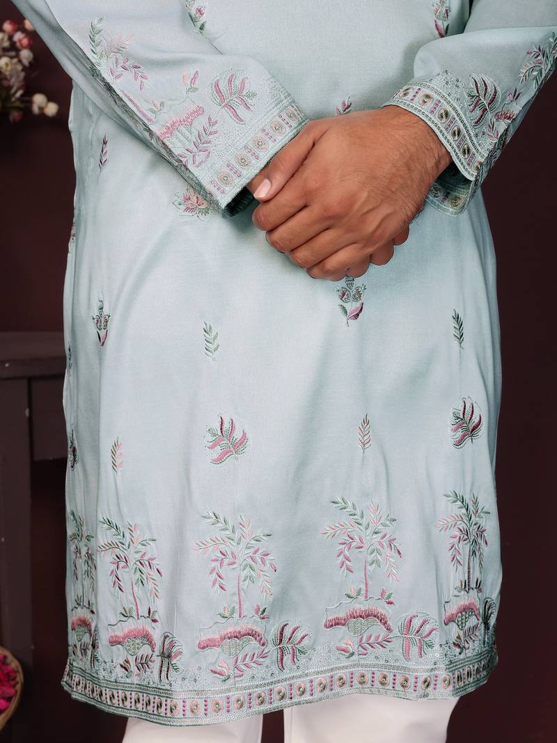 Teal premium smart silk embroidery sequence work premium designer kurta pajama