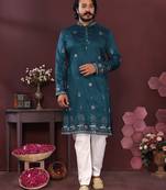 Blue heavy khadi cotton embroidery sequence work and print work premium designer only kurta