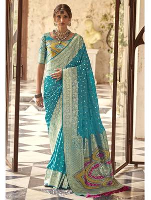 blue woven design zari silk blend banarasi saree 1