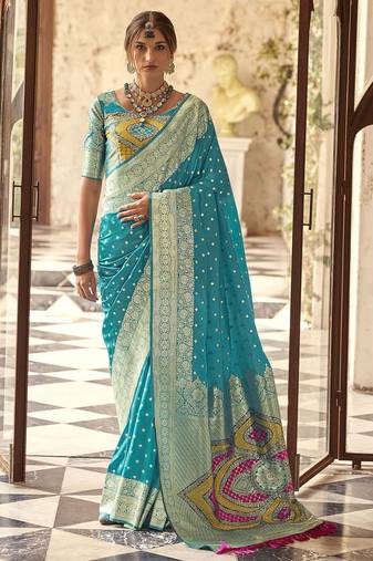 blue woven design zari silk blend banarasi saree