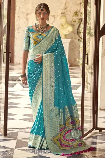 blue woven design zari silk blend banarasi saree