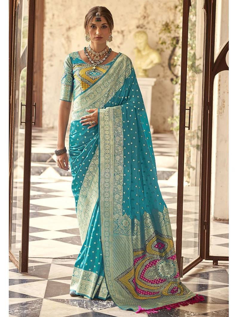blue woven design zari silk blend banarasi saree