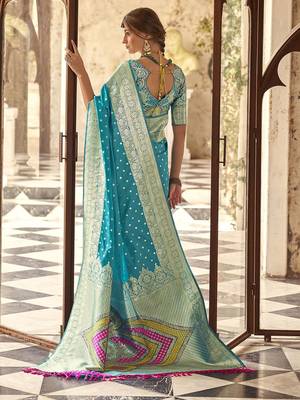 blue woven design zari silk blend banarasi saree 2