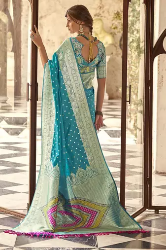 blue woven design zari silk blend banarasi saree