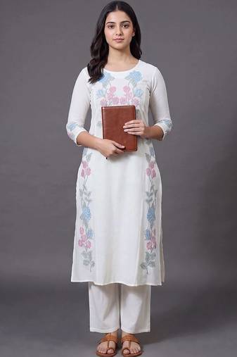 women floral embroidered regular thread work kurta with trousers