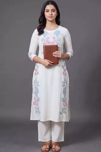 women floral embroidered regular thread work kurta with trousers