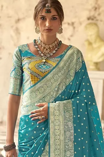 blue woven design zari silk blend banarasi saree