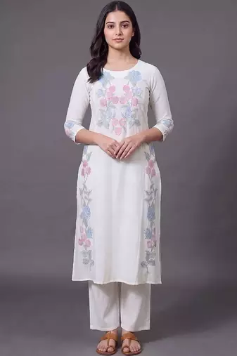 women floral embroidered regular thread work kurta with trousers