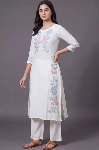 women floral embroidered regular thread work kurta with trousers