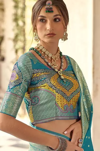 blue woven design zari silk blend banarasi saree