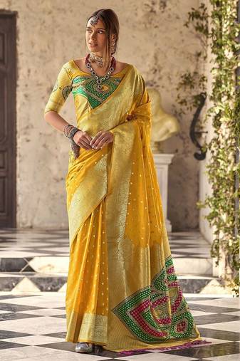 yellow woven design ethnic motifs zari banarasi saree