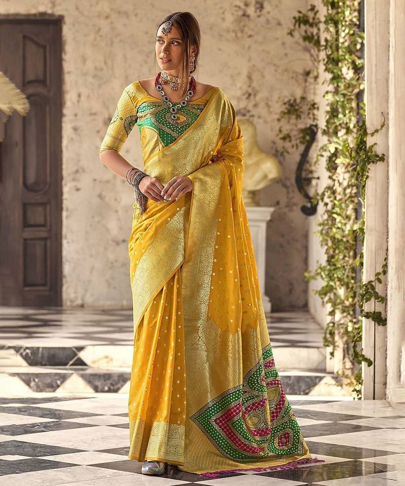 yellow woven design ethnic motifs zari banarasi saree