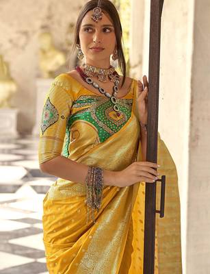 yellow woven design ethnic motifs zari banarasi saree 2