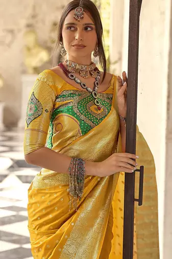 yellow woven design ethnic motifs zari banarasi saree