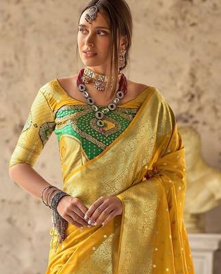 yellow woven design ethnic motifs zari banarasi saree 3
