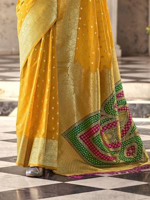 yellow woven design ethnic motifs zari banarasi saree 4