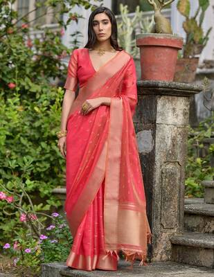 red ethnic motifs zari silk blend designer saree 1