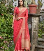red ethnic motifs zari silk blend designer saree
