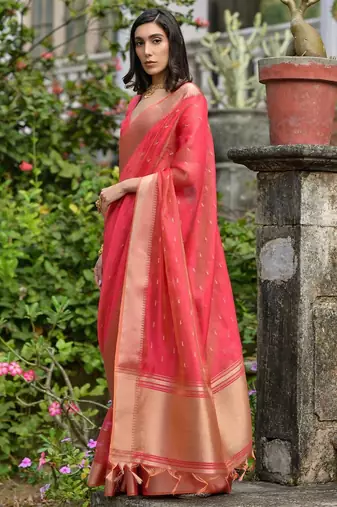 red ethnic motifs zari silk blend designer saree