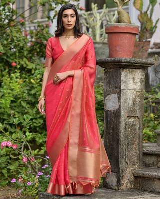red ethnic motifs zari silk blend designer saree 3